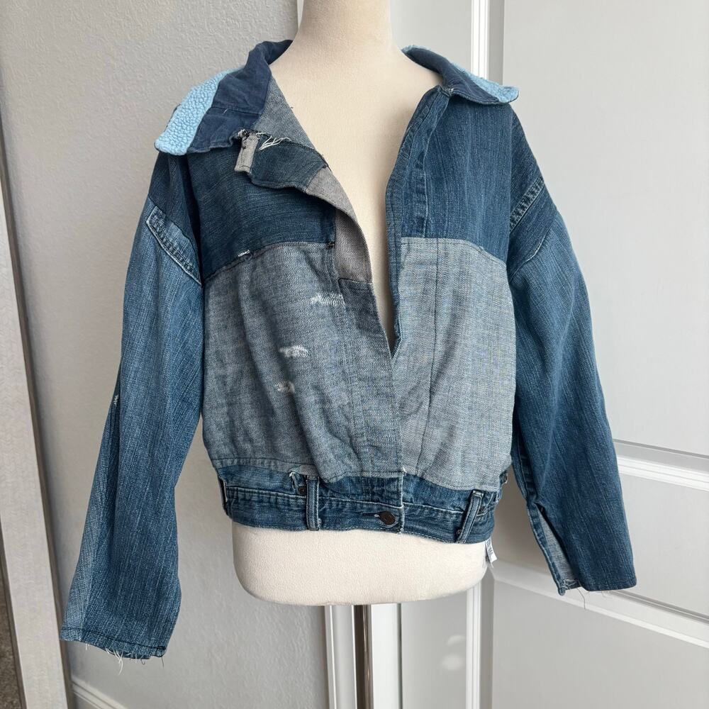 Levi's Custom Reworked Denim Jacket Upcycled Patchwork Jean Jacket Sz M Bomber